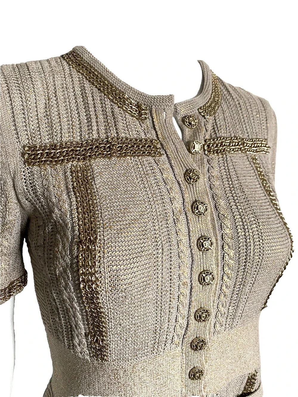 08P CHANEL FR-36 Metallic Knit Short-Sleeve Cardigan Top Gold Chain Trim Pockets